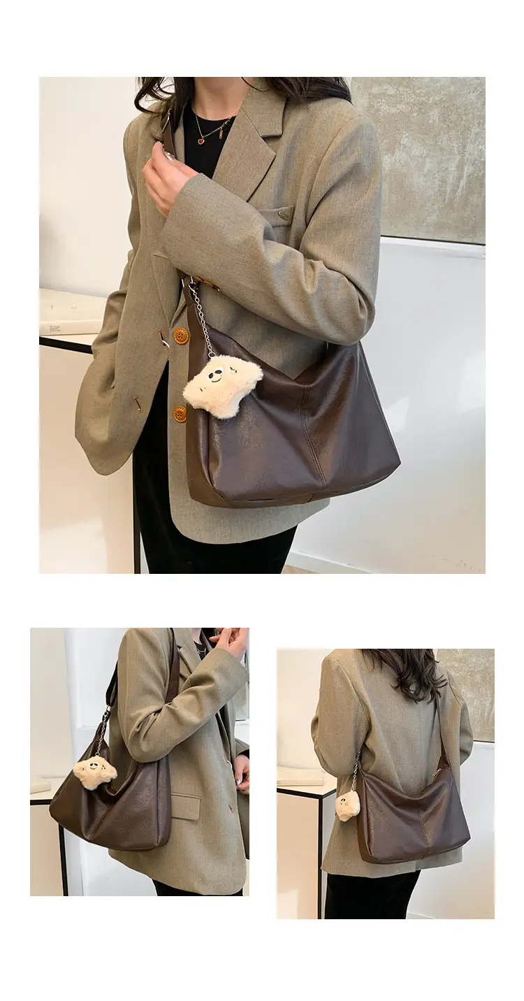Large Capacity Brown Leather Shoulder Bag with Cute Charm — feature 9
