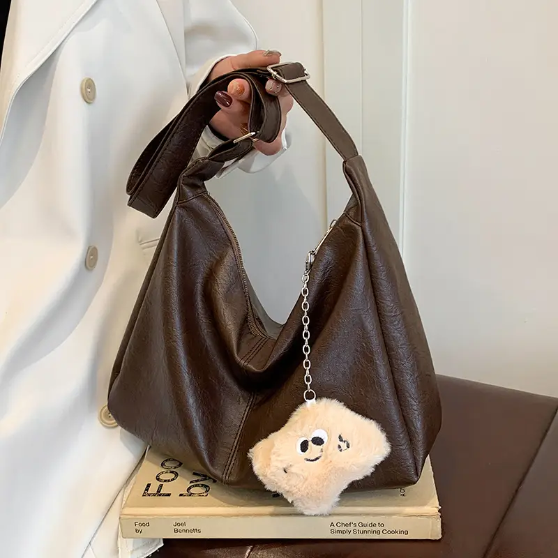 Large Capacity Brown Leather Shoulder Bag with Cute Charm