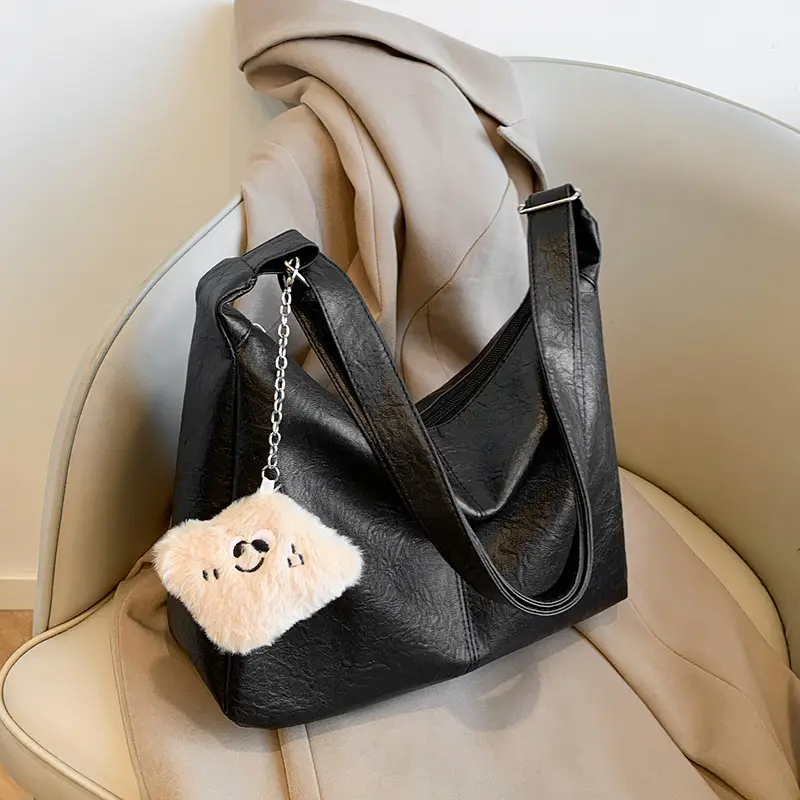 Large Capacity Brown Leather Shoulder Bag with Cute Charm