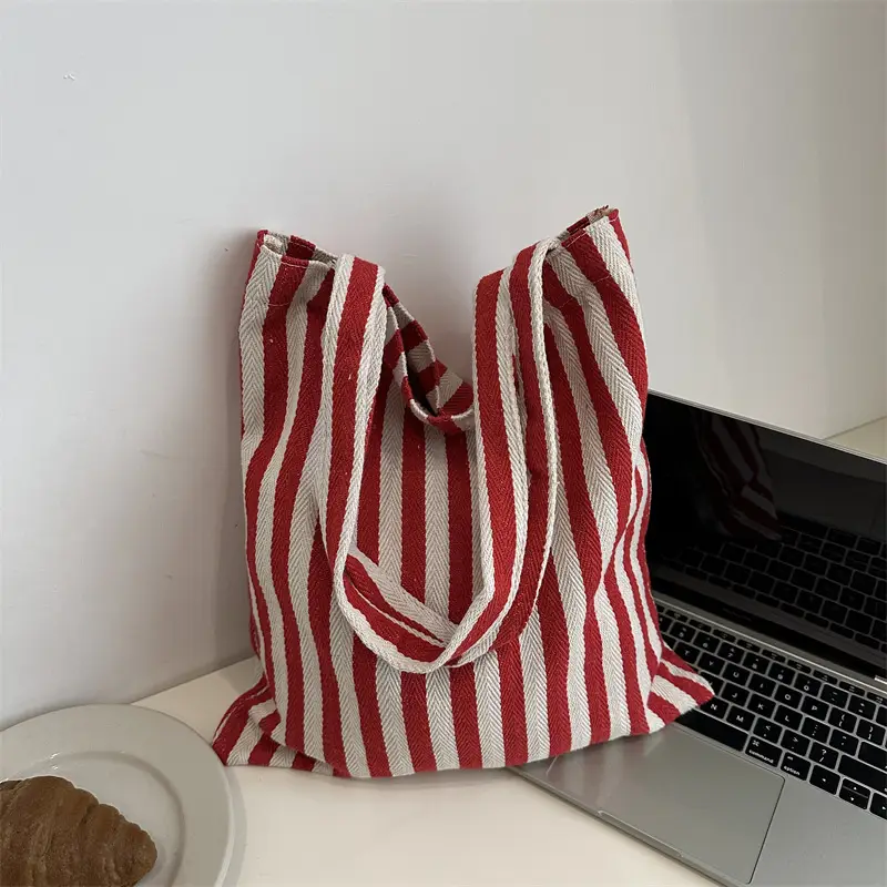 Women's Striped Canvas Shoulder Bag Large Capacity Lazy Style - Image 4
