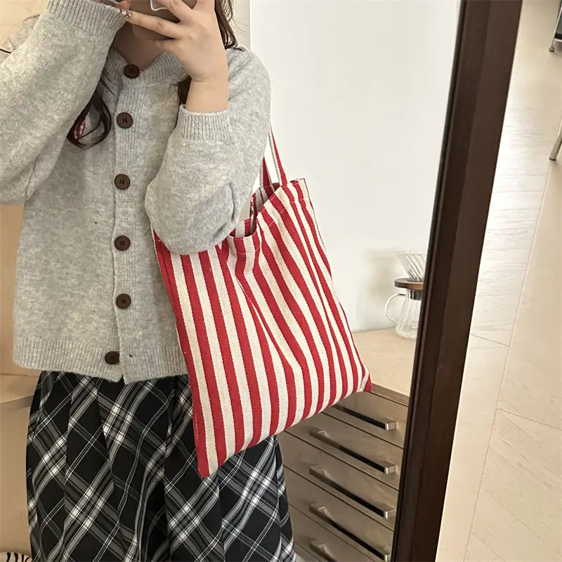 Women's Striped Canvas Shoulder Bag Large Capacity Lazy Style - Image 5