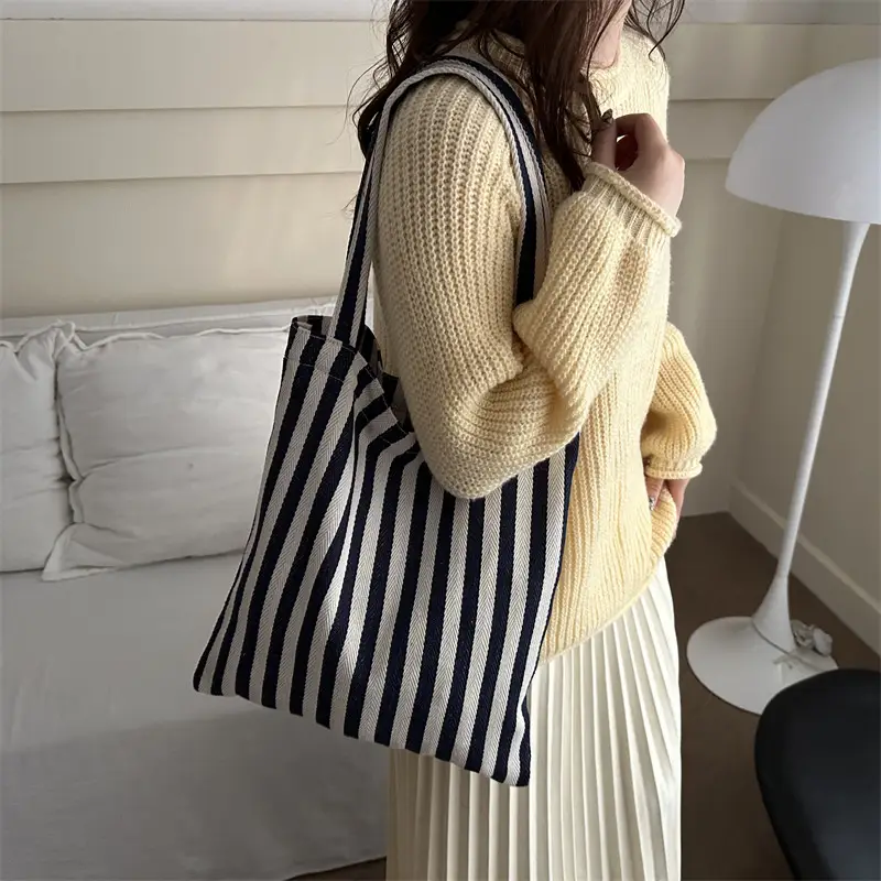 Women's Striped Canvas Shoulder Bag Large Capacity Lazy Style - Image 6