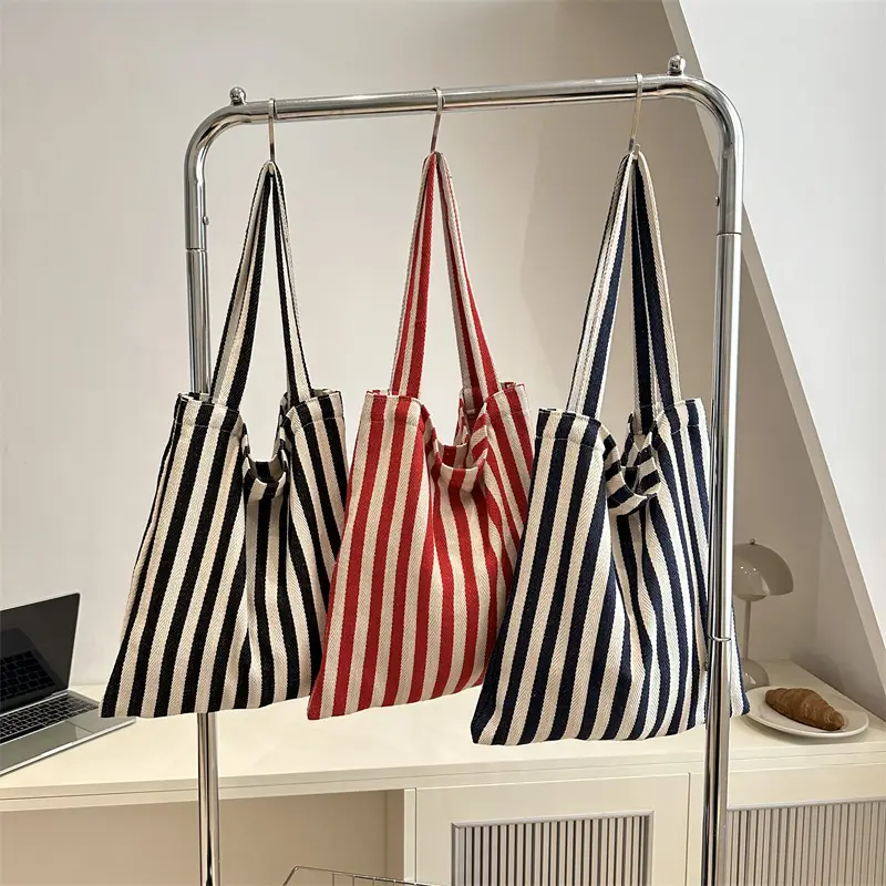 Women's Striped Canvas Shoulder Bag Large Capacity Lazy Style - Image 7