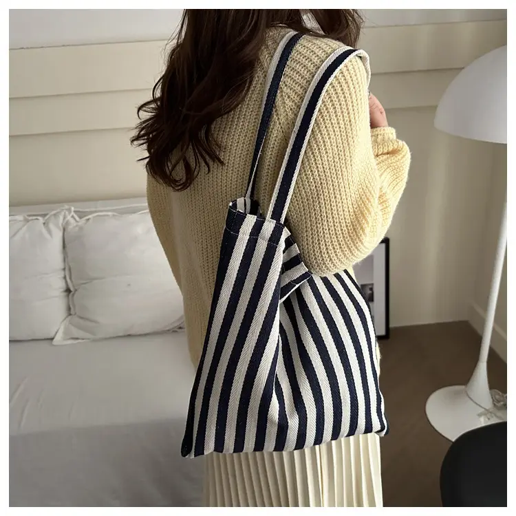 Women's Striped Canvas Shoulder Bag Large Capacity Lazy Style — feature 11