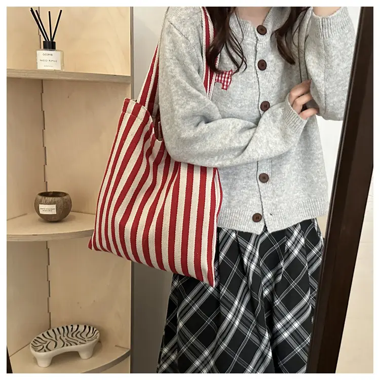 Women's Striped Canvas Shoulder Bag Large Capacity Lazy Style — feature 12