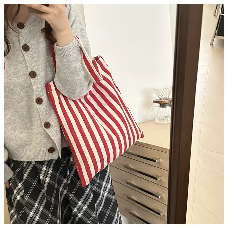 Women's Striped Canvas Shoulder Bag Large Capacity Lazy Style — feature 13