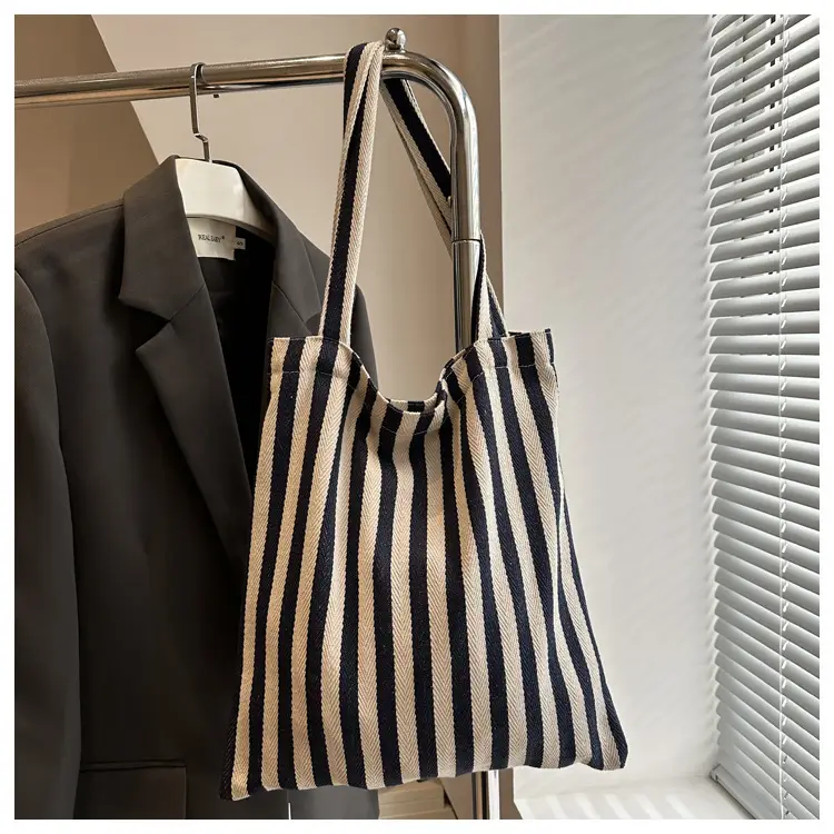 Women's Striped Canvas Shoulder Bag Large Capacity Lazy Style — feature 14