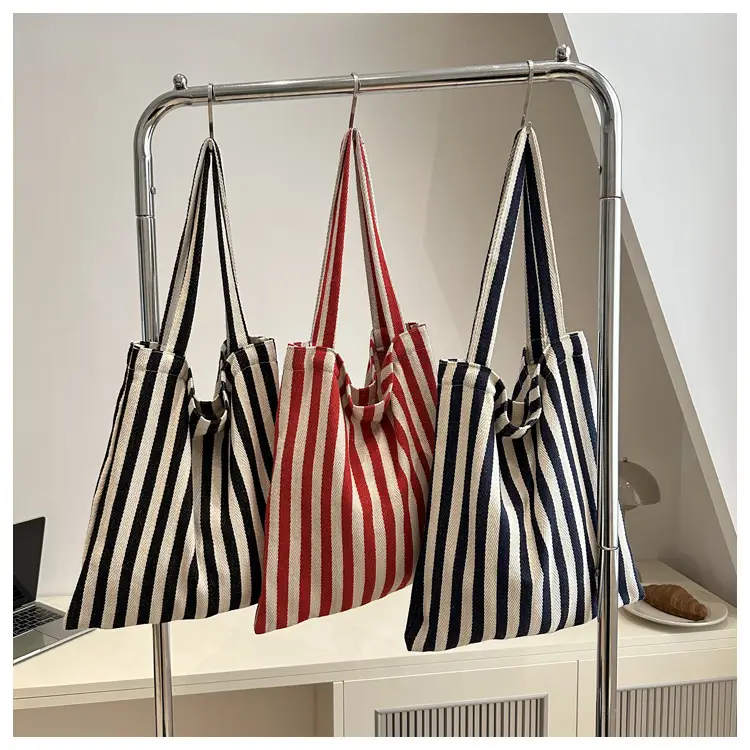 Women's Striped Canvas Shoulder Bag Large Capacity Lazy Style — feature 17