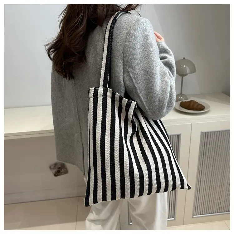 Women's Striped Canvas Shoulder Bag Large Capacity Lazy Style — feature 8