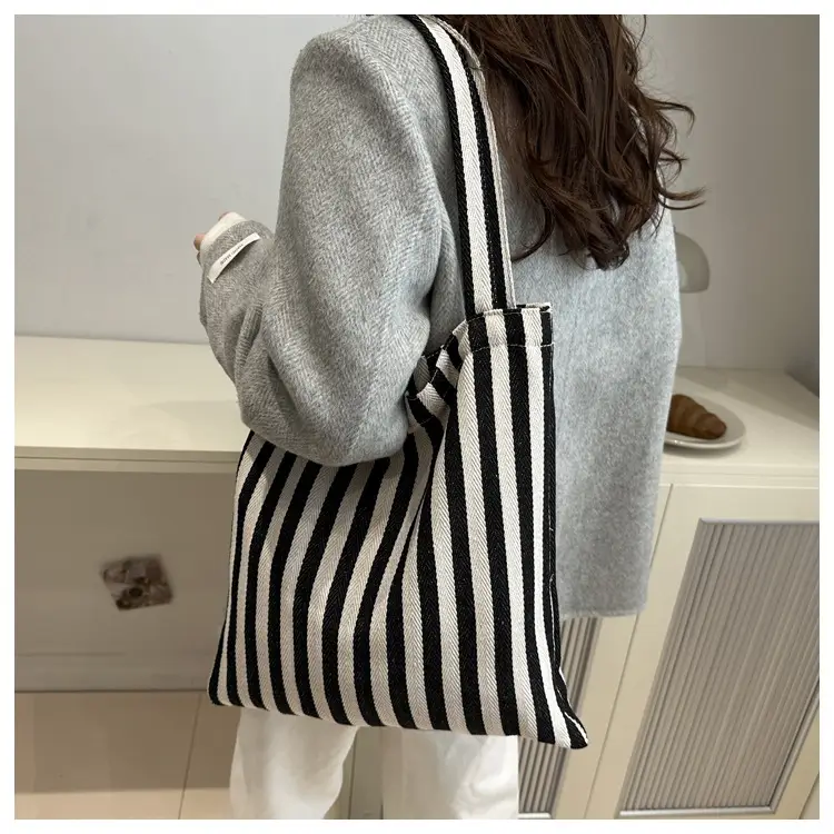 Women's Striped Canvas Shoulder Bag Large Capacity Lazy Style — feature 9