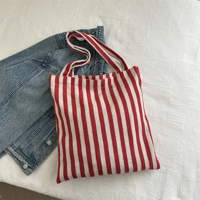 Women's Striped Canvas Shoulder Bag Large Capacity Lazy Style - Image 3