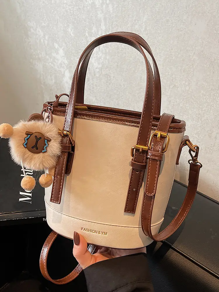 Women's White Leather Shoulder Bag with Pom Pom Charm - Image 10