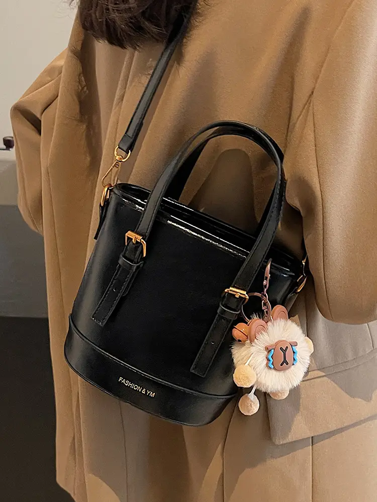 Women's White Leather Shoulder Bag with Pom Pom Charm - Image 11