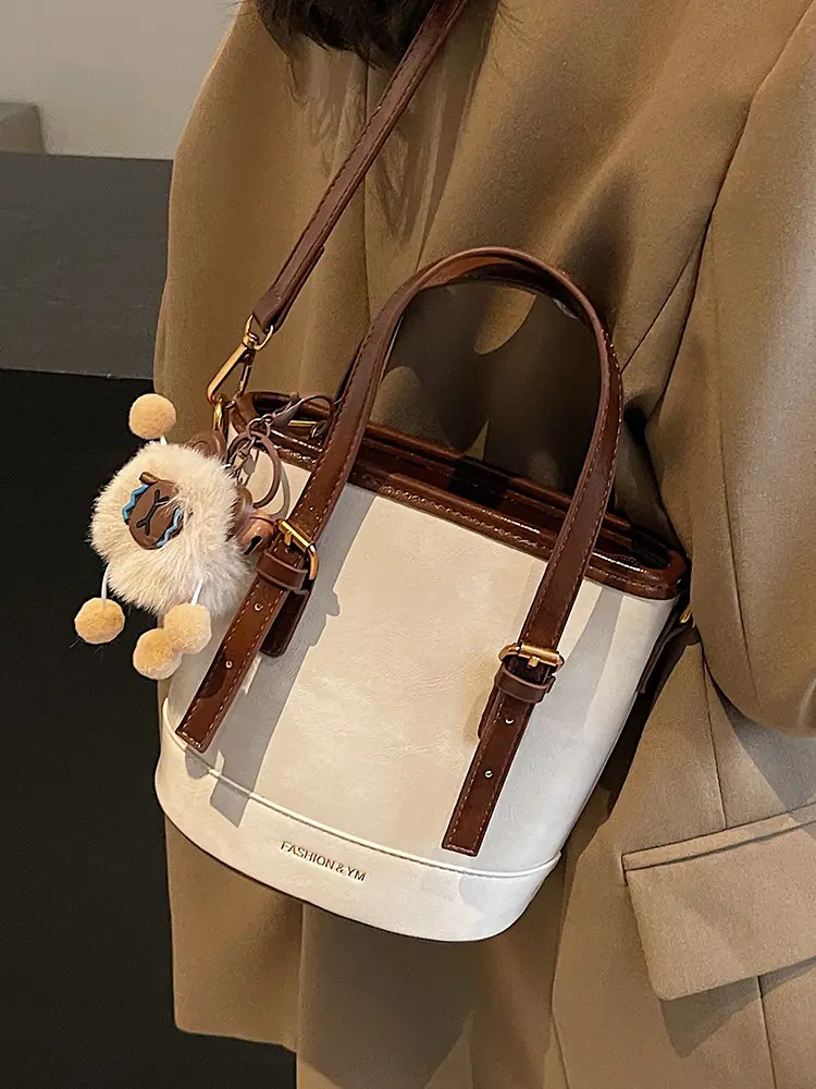 Women's White Leather Shoulder Bag with Pom Pom Charm - Image 12