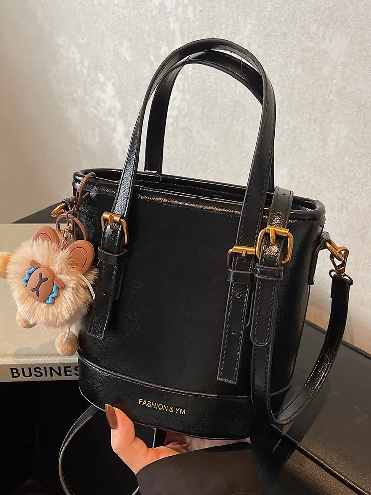 Women's White Leather Shoulder Bag with Pom Pom Charm - Image 13
