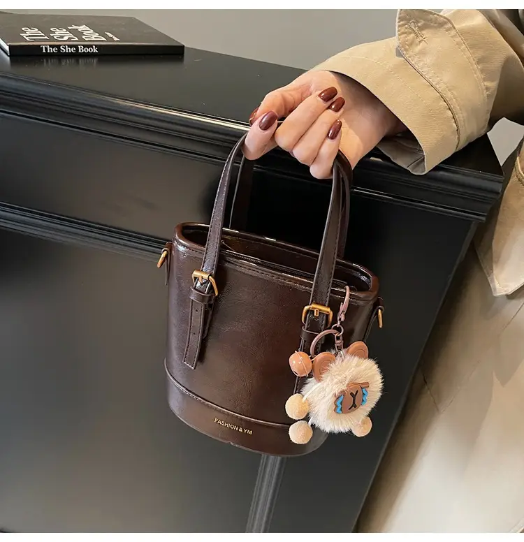 Women's White Leather Shoulder Bag with Pom Pom Charm — feature 15