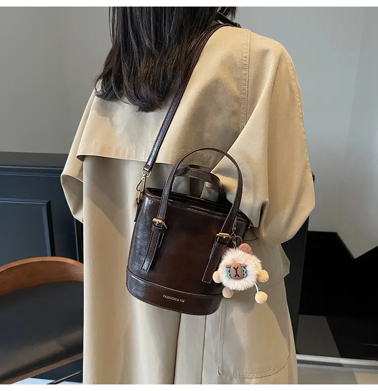 Women's White Leather Shoulder Bag with Pom Pom Charm — feature 16