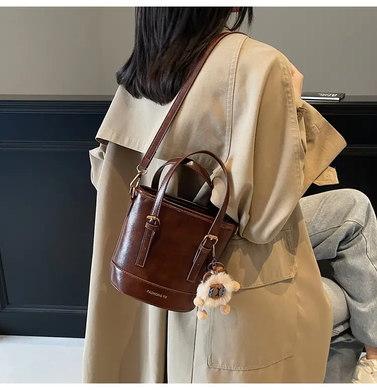 Women's White Leather Shoulder Bag with Pom Pom Charm — feature 20