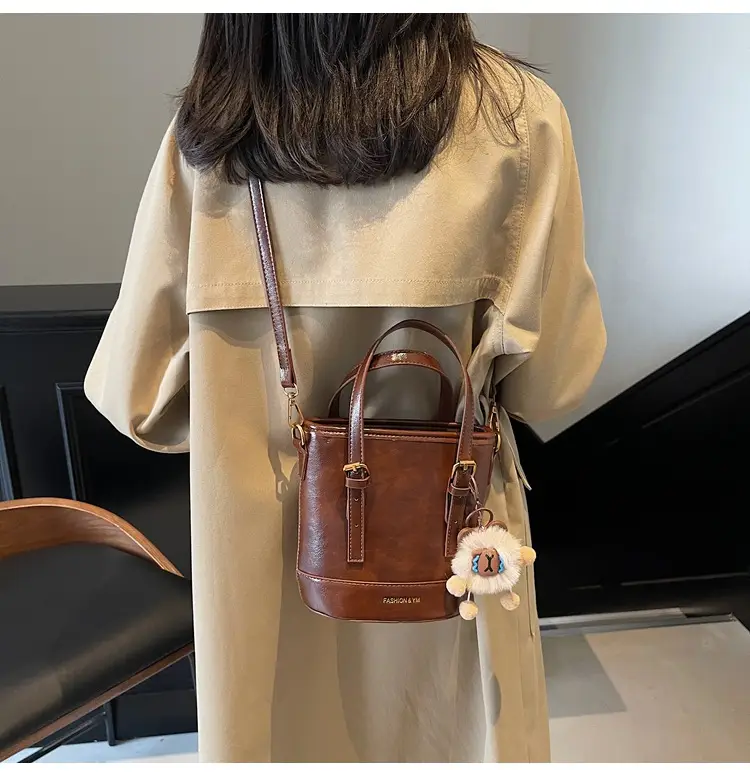 Women's White Leather Shoulder Bag with Pom Pom Charm — feature 21
