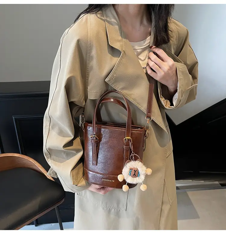 Women's White Leather Shoulder Bag with Pom Pom Charm — feature 22