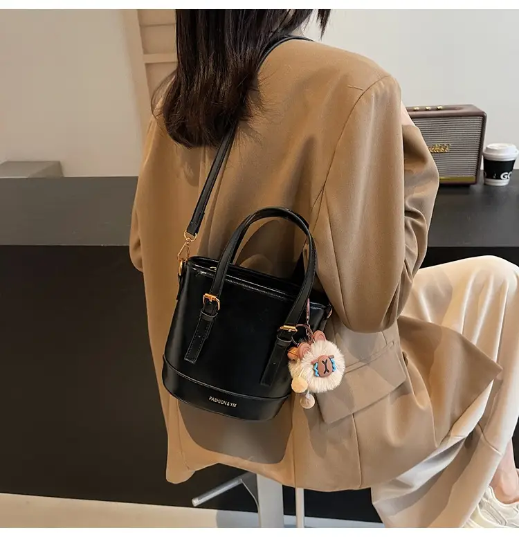 Women's White Leather Shoulder Bag with Pom Pom Charm — feature 23