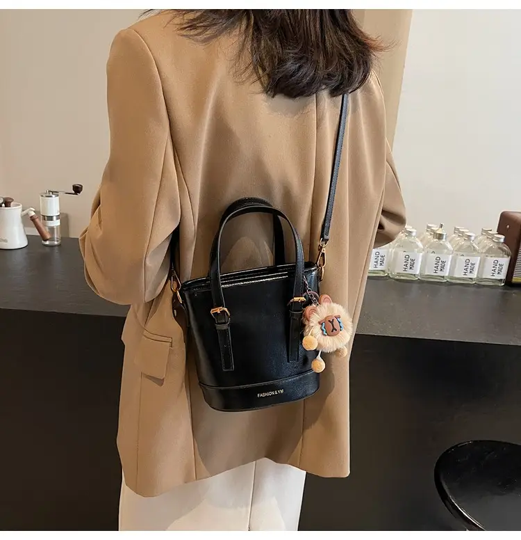 Women's White Leather Shoulder Bag with Pom Pom Charm — feature 24