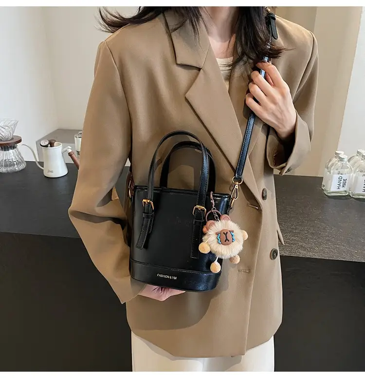 Women's White Leather Shoulder Bag with Pom Pom Charm — feature 25