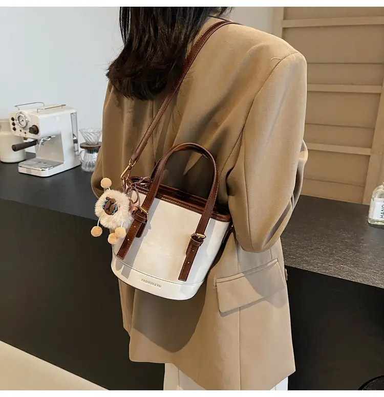Women's White Leather Shoulder Bag with Pom Pom Charm — feature 27