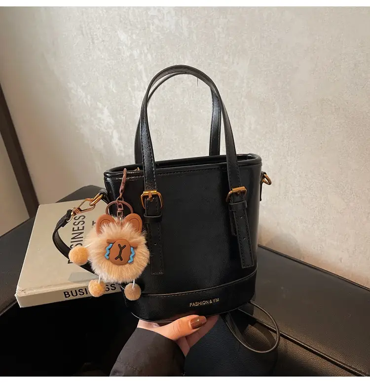 Women's White Leather Shoulder Bag with Pom Pom Charm — feature 31