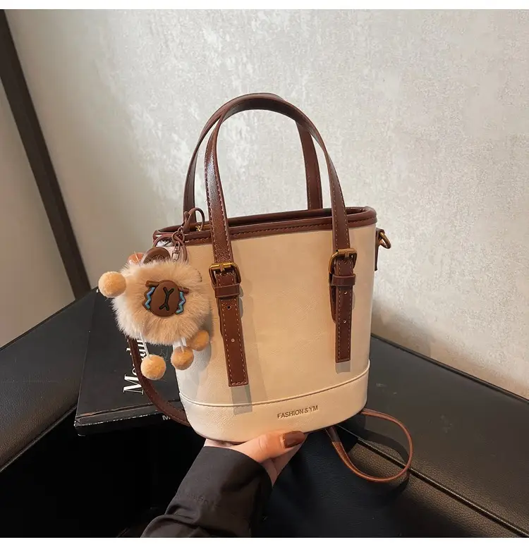 Women's White Leather Shoulder Bag with Pom Pom Charm — feature 32