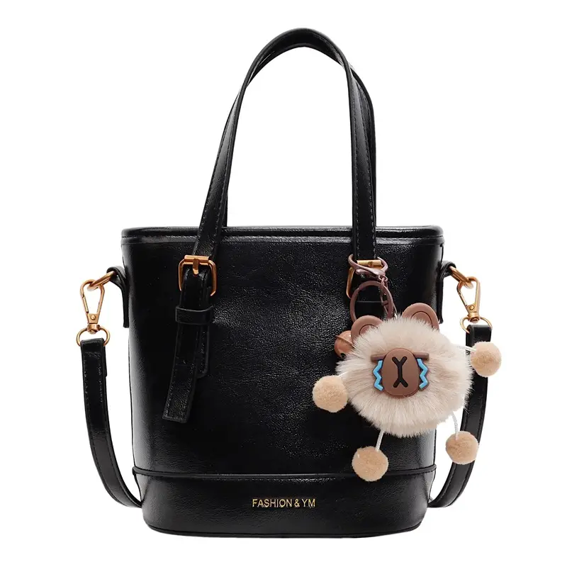 Women's White Leather Shoulder Bag with Pom Pom Charm - Image 5