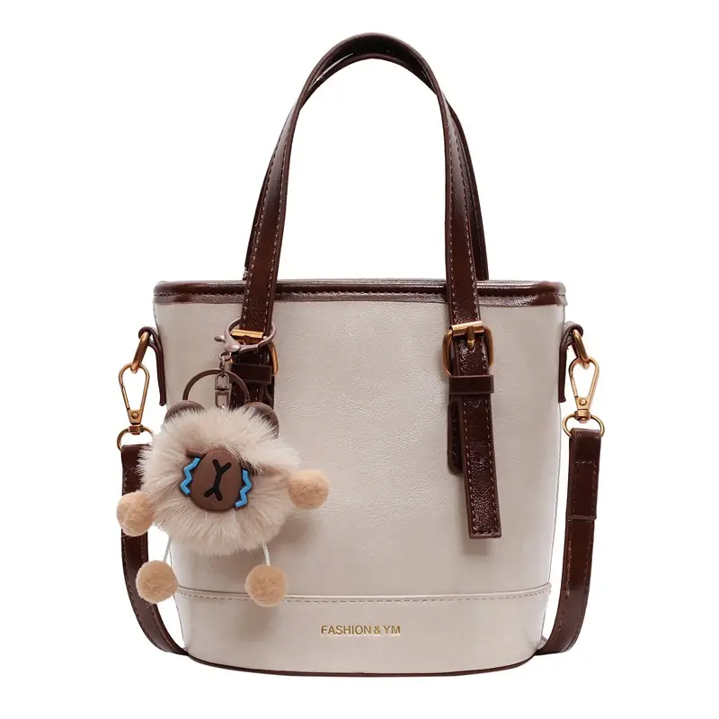 Women's White Leather Shoulder Bag with Pom Pom Charm - Image 6