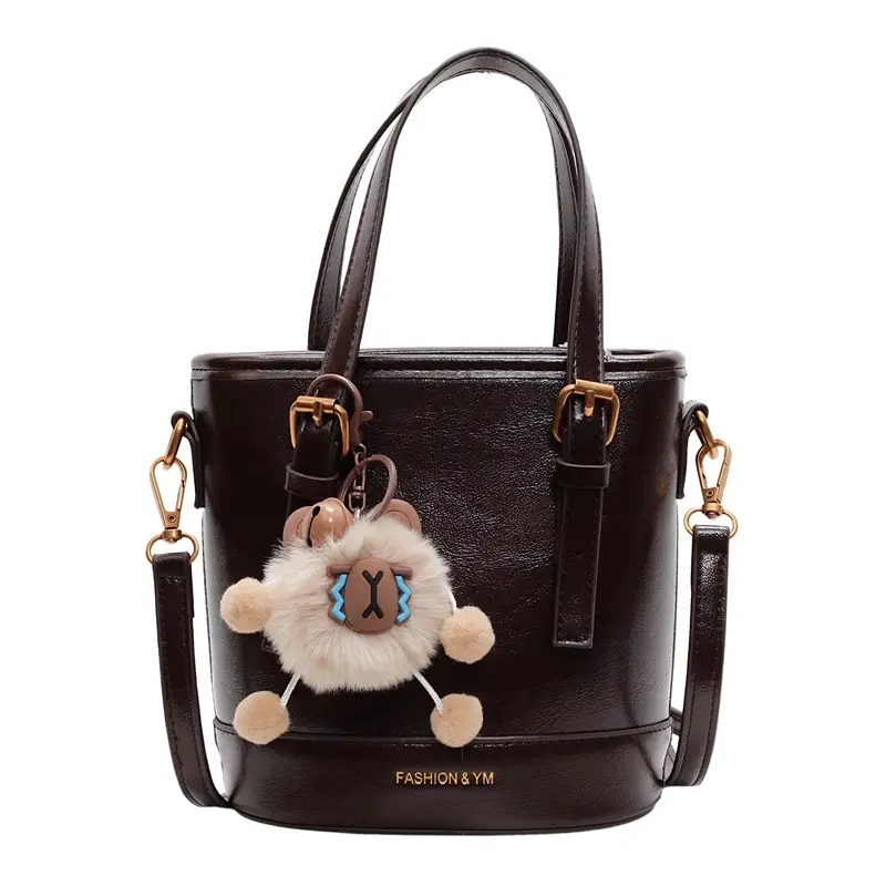 Women's White Leather Shoulder Bag with Pom Pom Charm - Image 7