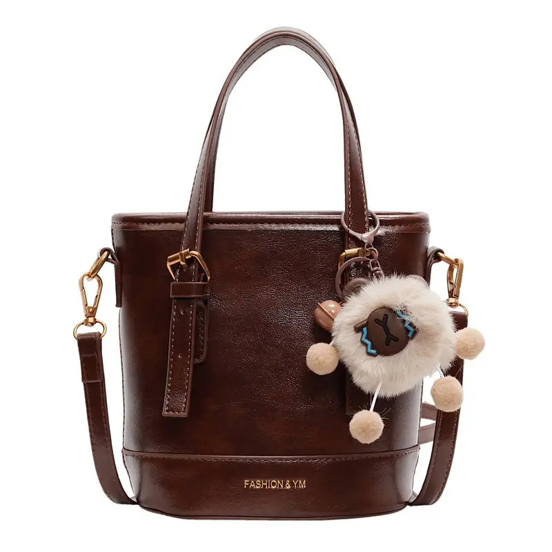 Women's White Leather Shoulder Bag with Pom Pom Charm - Image 8