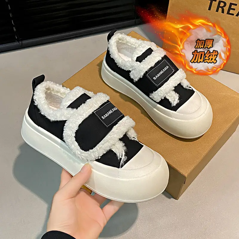 Platform Sole Velcro Cotton Shoes Women's Winter New fleece-lined Thickened Bread Shoes Fashionable Thick Sole Warm Board Shoes for Hair - Image 4
