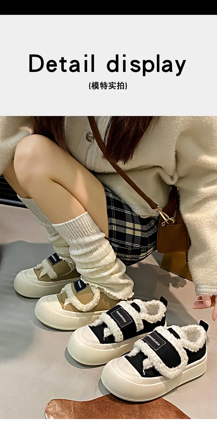 Platform Sole Velcro Cotton Shoes Women's Winter New fleece-lined Thickened Bread Shoes Fashionable Thick Sole Warm Board Shoes for Hair — feature 8