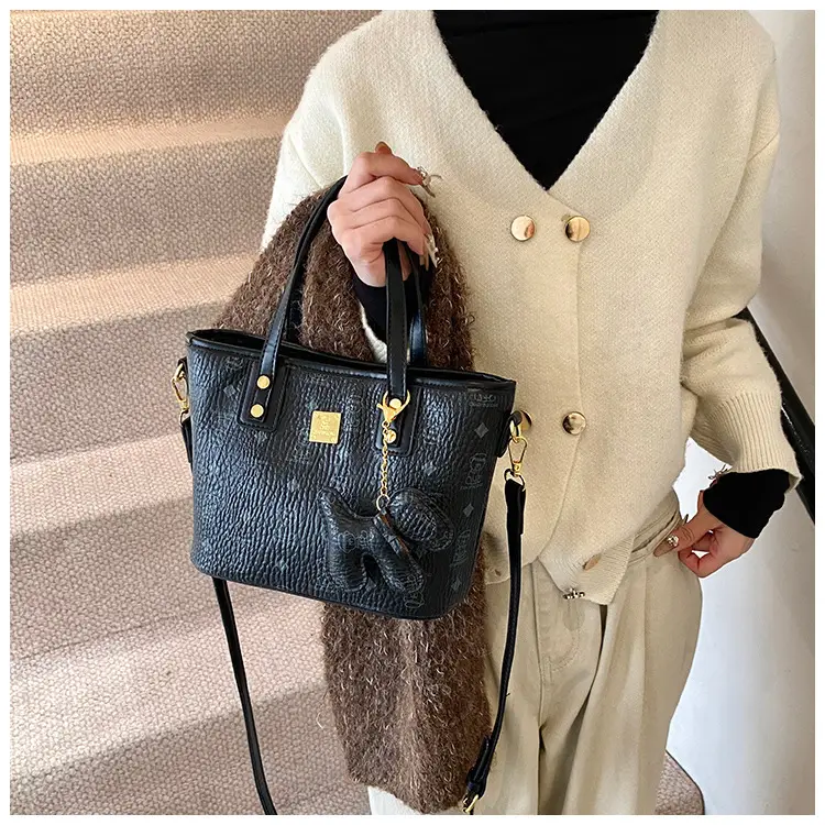 Brown Croc-Textured Women's Bucket Bag with Chain Strap — feature 23