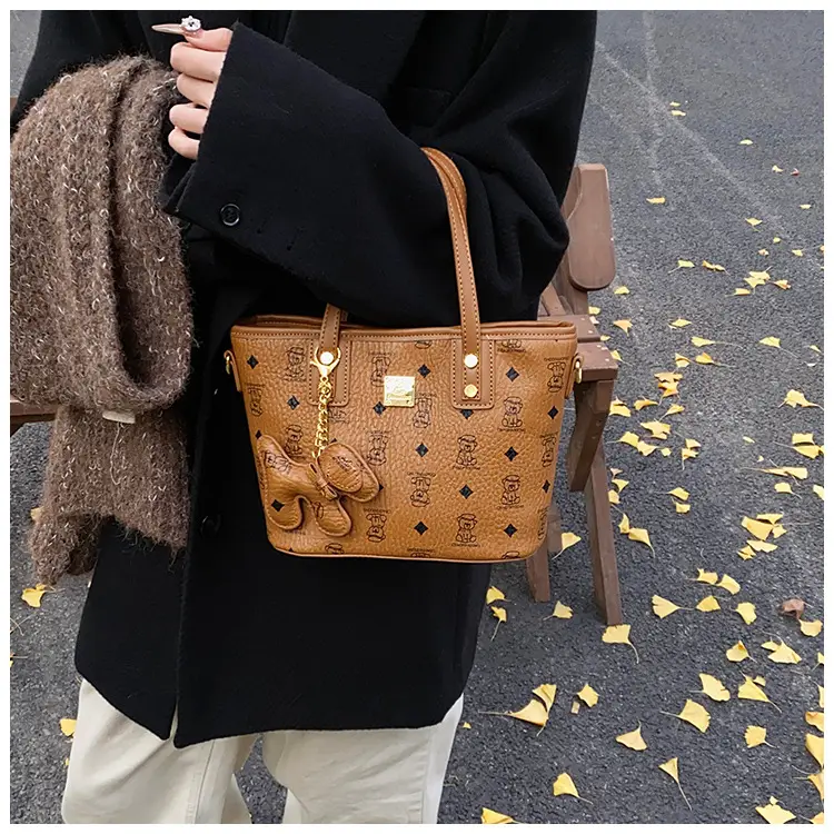 Brown Croc-Textured Women's Bucket Bag with Chain Strap — feature 30
