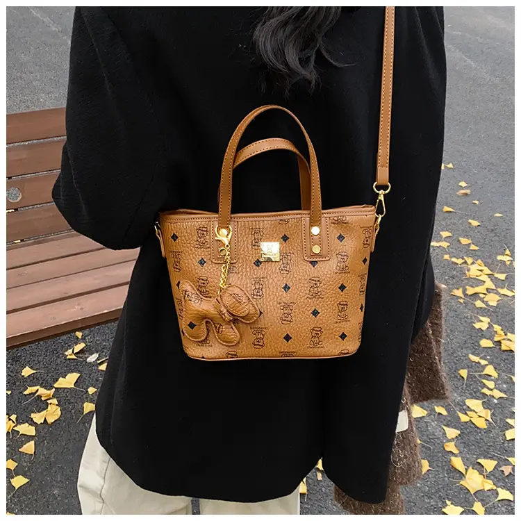 Brown Croc-Textured Women's Bucket Bag with Chain Strap — feature 32