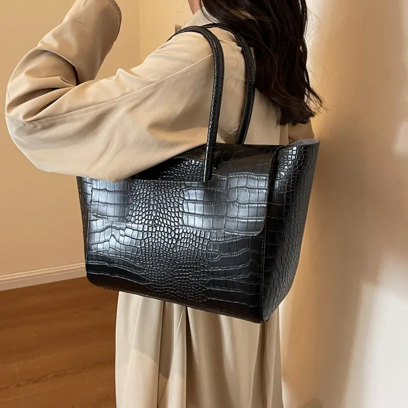 Women Croc Tote Bag Black Large Capacity - Image 5