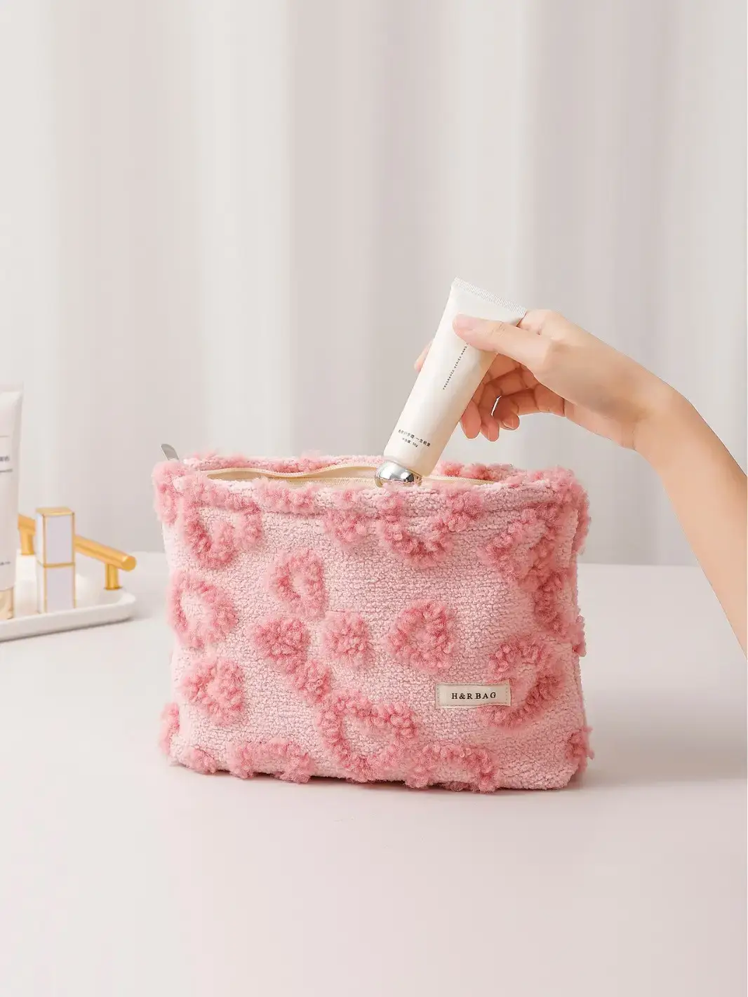 Pink Floral Plush Storage Bag for Makeup & Skin Care - Image 4