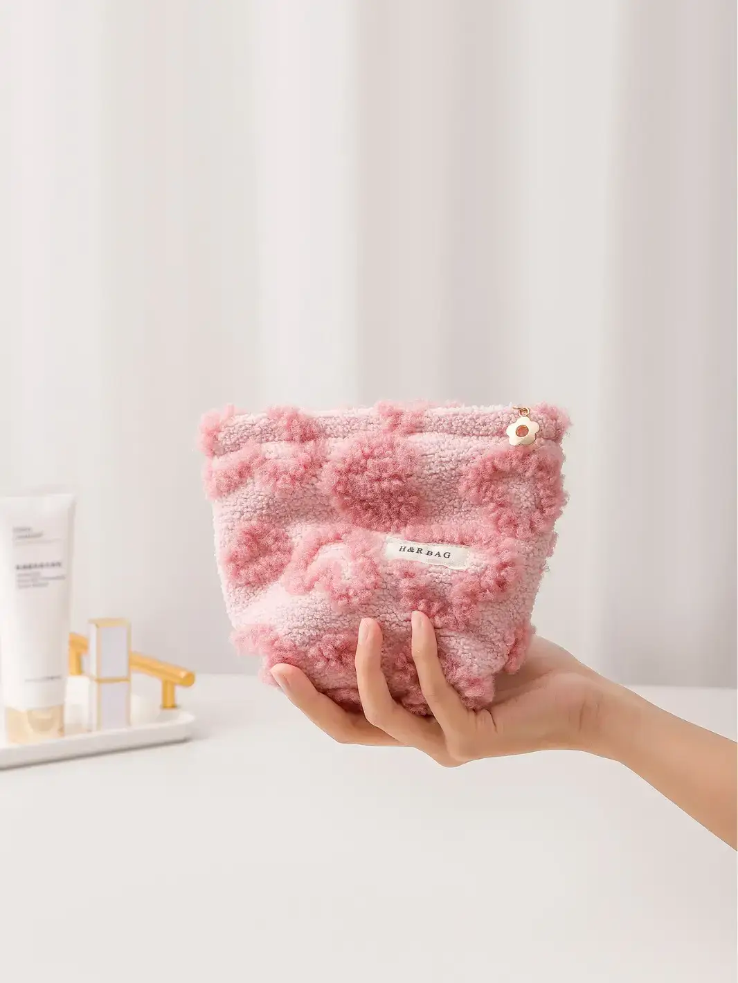 Pink Floral Plush Storage Bag for Makeup & Skin Care - Image 5