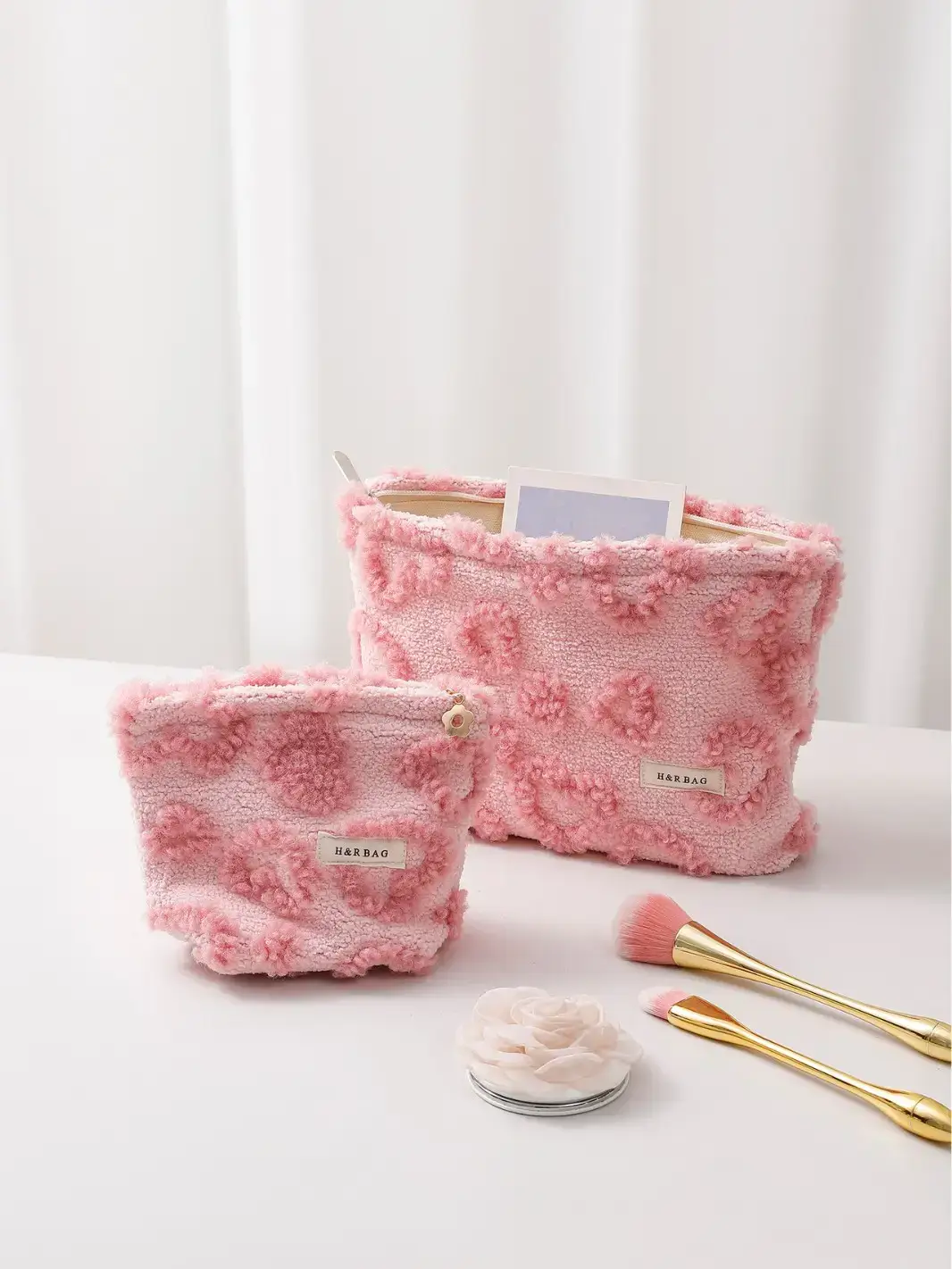 Pink Floral Plush Storage Bag for Makeup & Skin Care - Image 6
