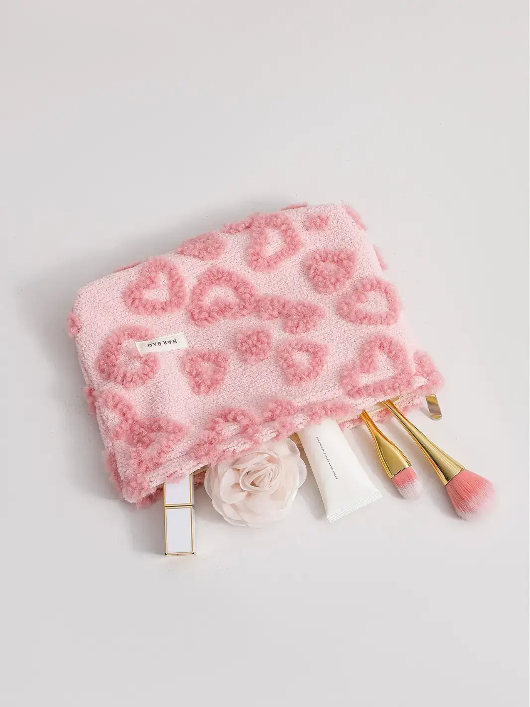 Pink Floral Plush Storage Bag for Makeup & Skin Care - Image 7