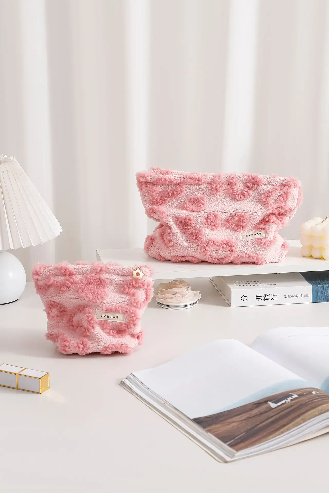 Pink Floral Plush Storage Bag for Makeup & Skin Care — feature 5