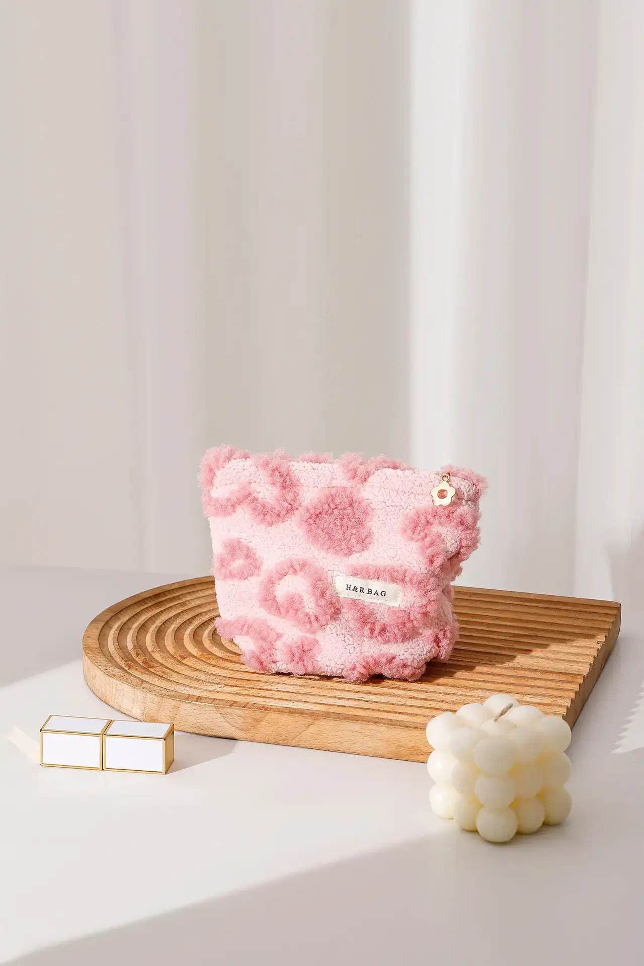 Pink Floral Plush Storage Bag for Makeup & Skin Care - Image 2