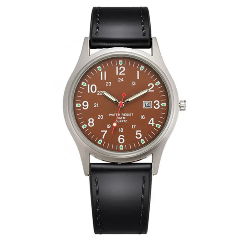 Men's Brown Leather Date Watch with Quartz Movement - Image 4