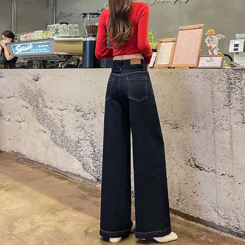 Dark Blue Wide Leg Jeans Women Autumn Winter 2024