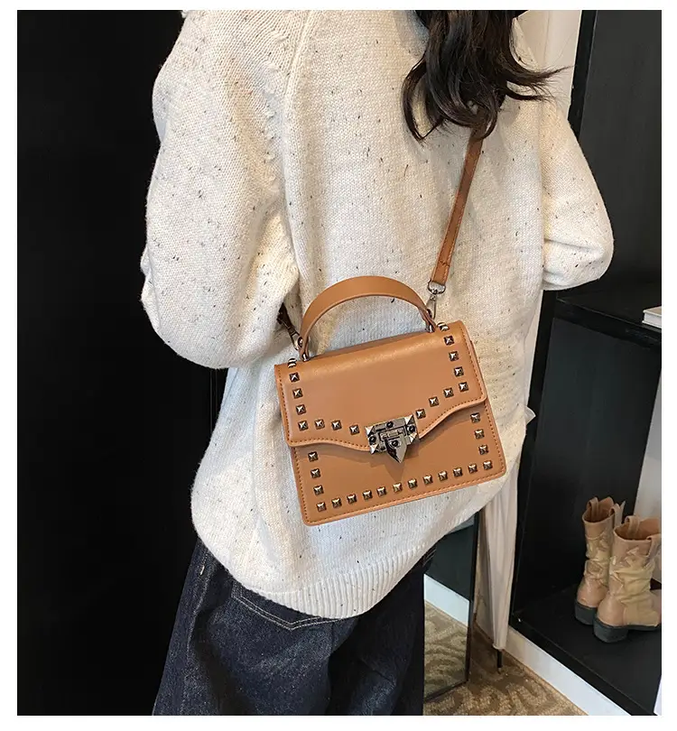 Korean Style Rivet Shoulder Bag Brown 2024 — feature 1