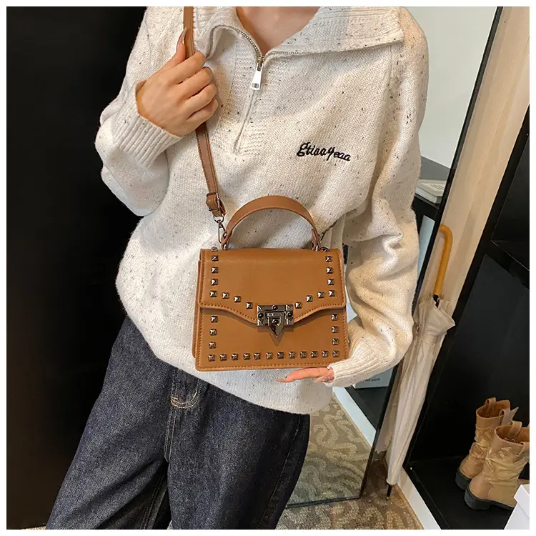 Korean Style Rivet Shoulder Bag Brown 2024 — feature 10